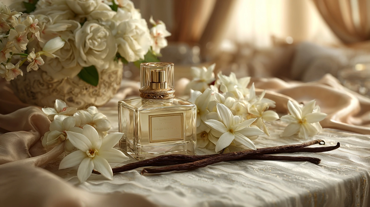 Luxurious vanilla perfume and freshly cut vanilla