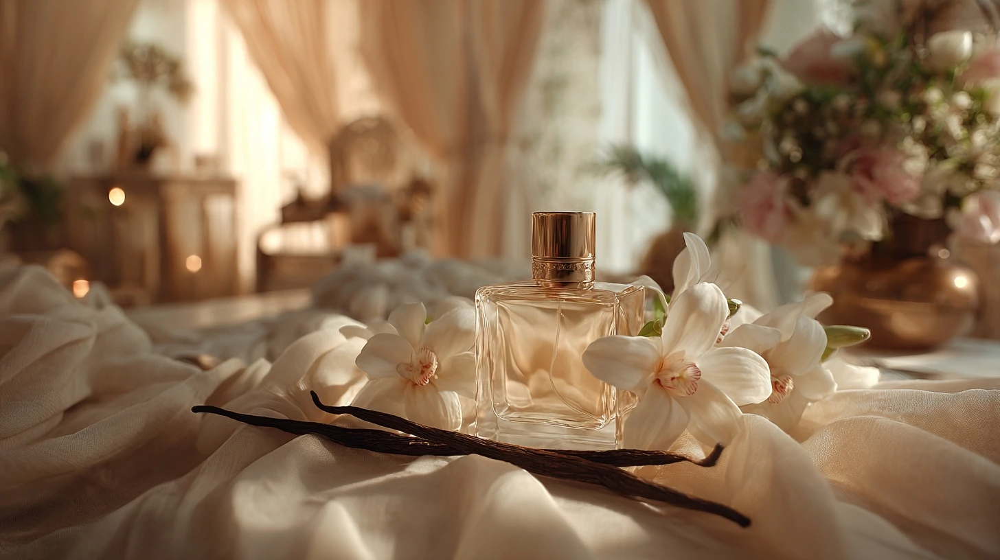 Luxurious vanilla perfume and freshly cut vanilla
