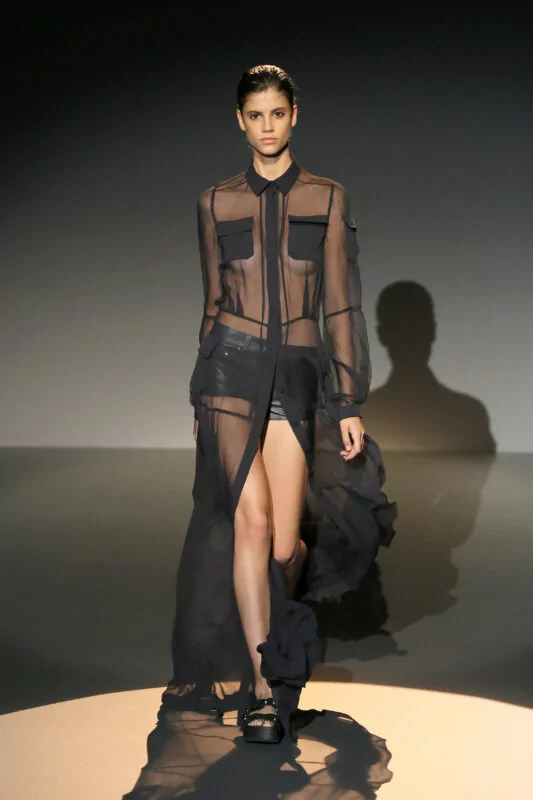 PARIS, FRANCE - SEPTEMBER 26:  A model walks the runway during the IRFE show as part of the Paris Fashion Week Womenswear Spring/Summer 2015 on September 26, 2014 in Paris, France.  (Photo by Richard Bord/Getty Images for IRFE)