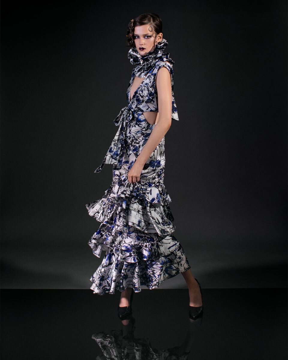 Jose Blue Floral Cascading Dress (s)-2
