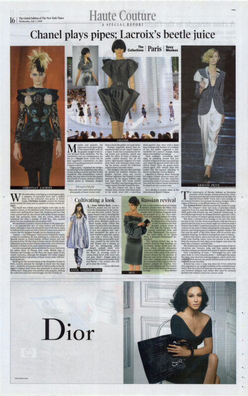 A photocopy of the page of Herald Tribune, Haute Couture section with the article about IRFFE fashion house