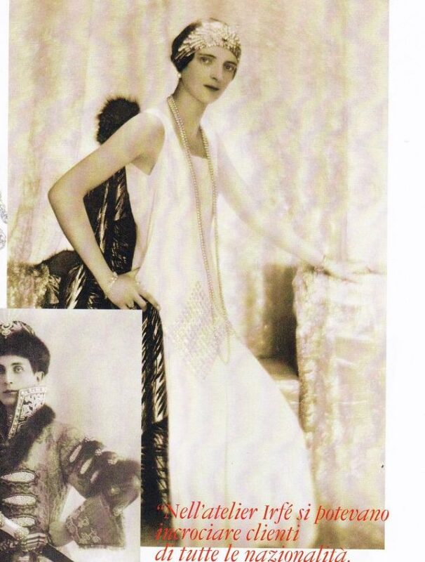 A rich noblewoman in an exquisite IRFE evening gown and jewelry the 1920s - a screenshot from Elle Italy May2012