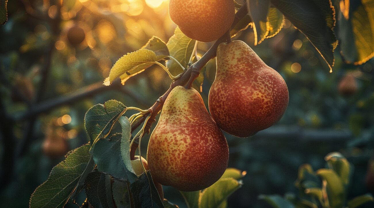 image of ripe pears on the tree branch