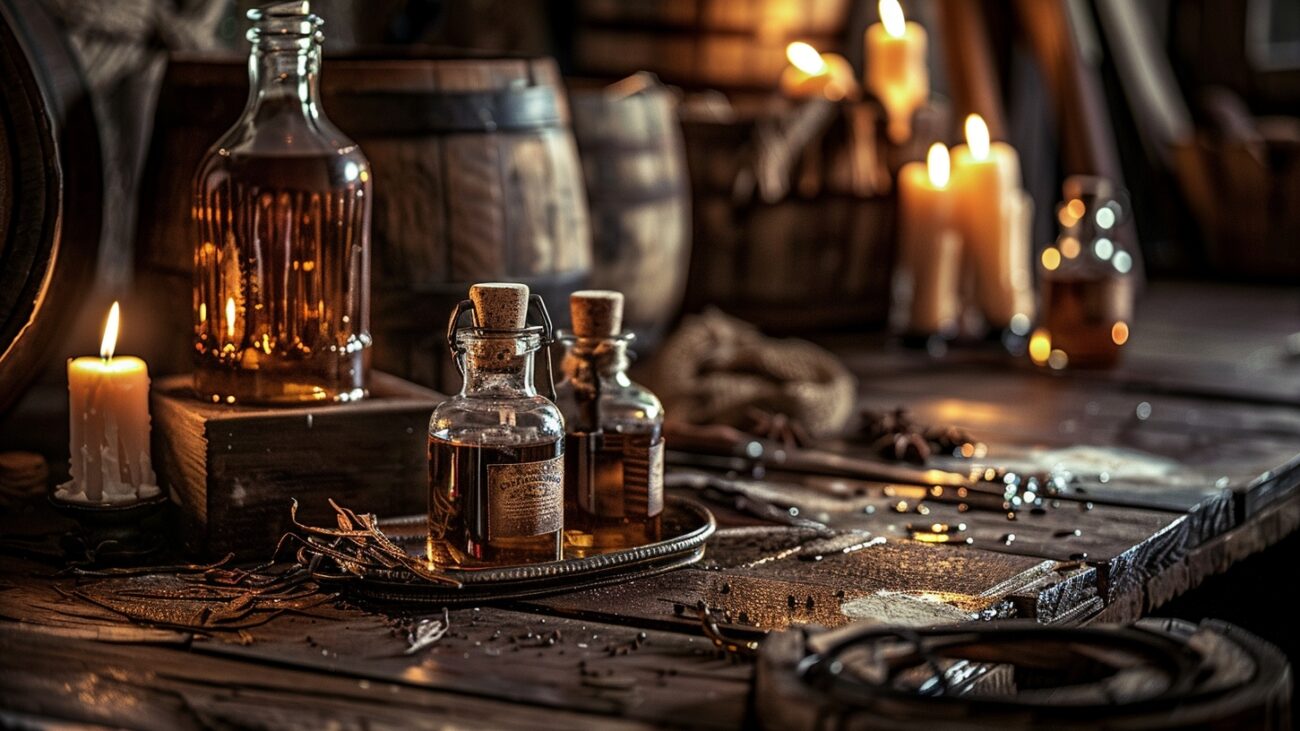 Alluring image of vanilla bourbon on the table - intricate details - lit candles