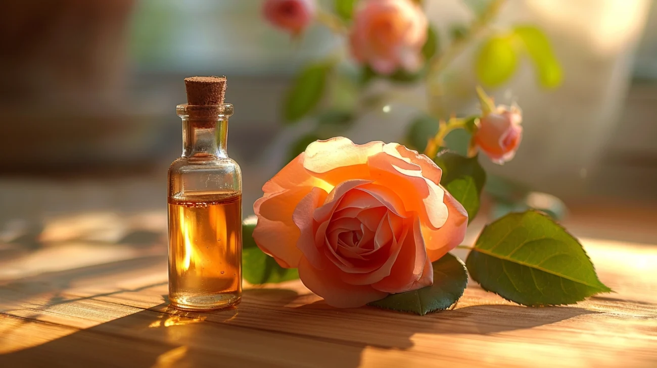 a beautiful rose flower and a vial of rose oil