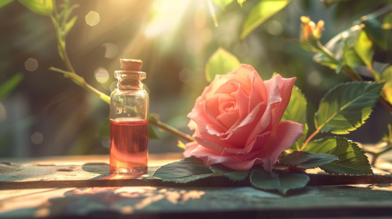 a beautiful rose flower and a vial of rose oil lit by sunshine