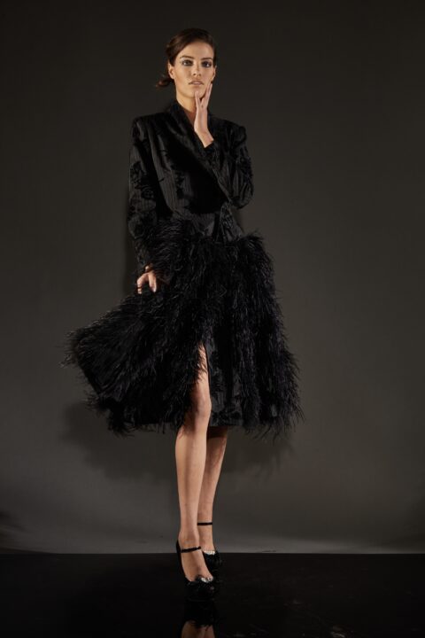 IRFE Black Roses Ostrich Feathers Coat