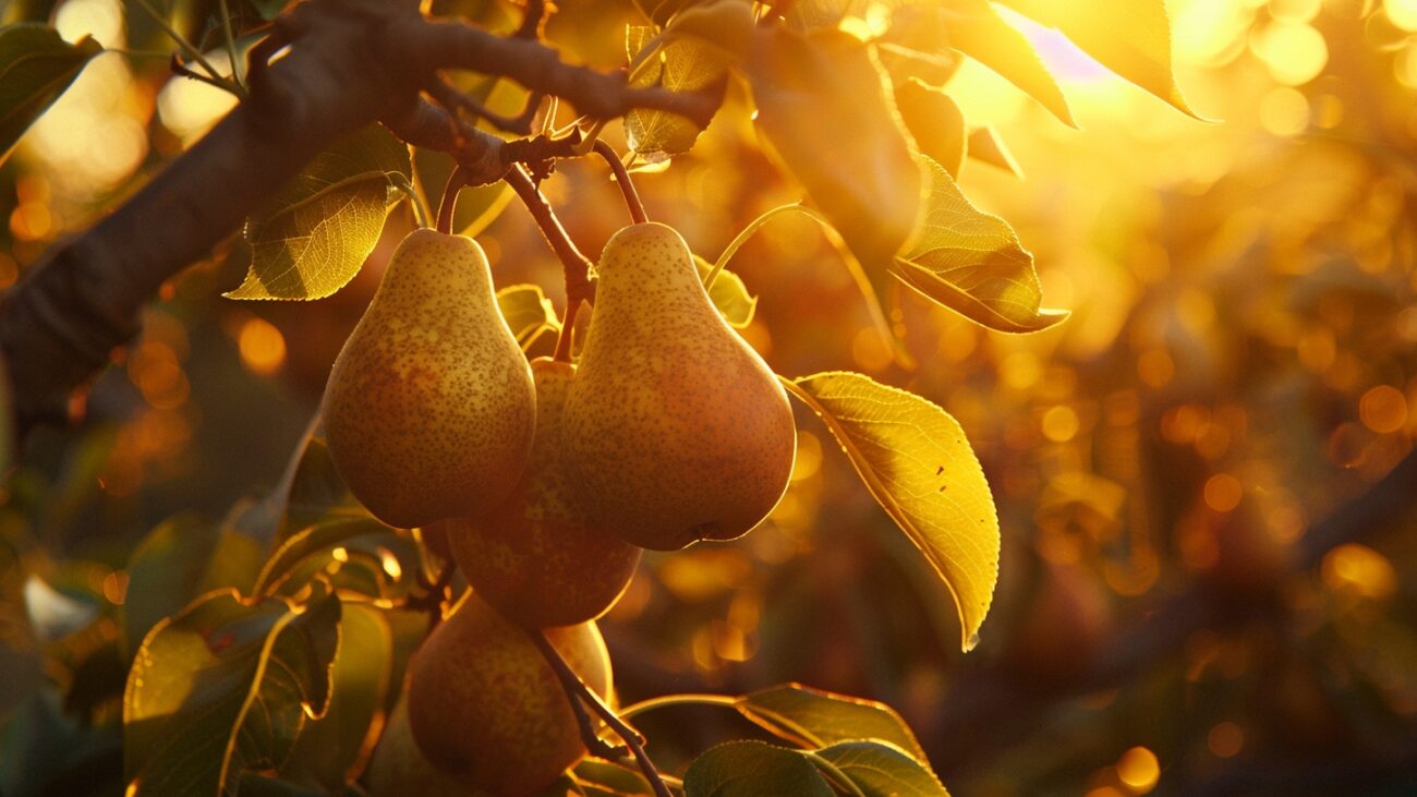 image of ripe pears on the tree branch in the sunset light