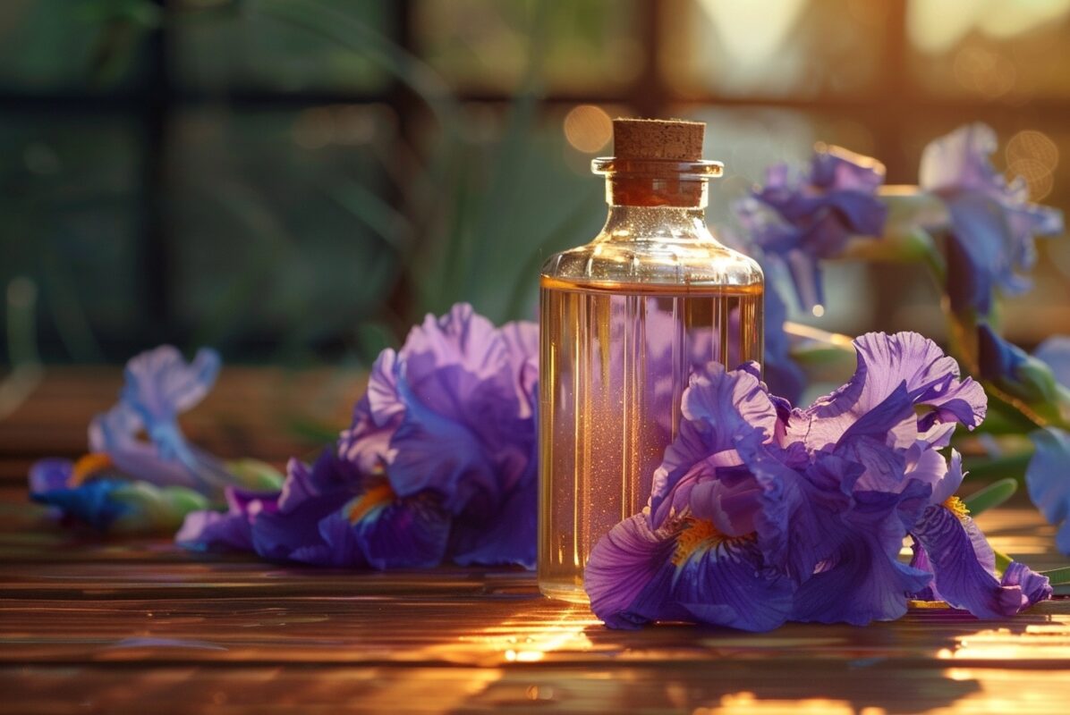 iris flowers and orris fragrance in a bottle at sunset