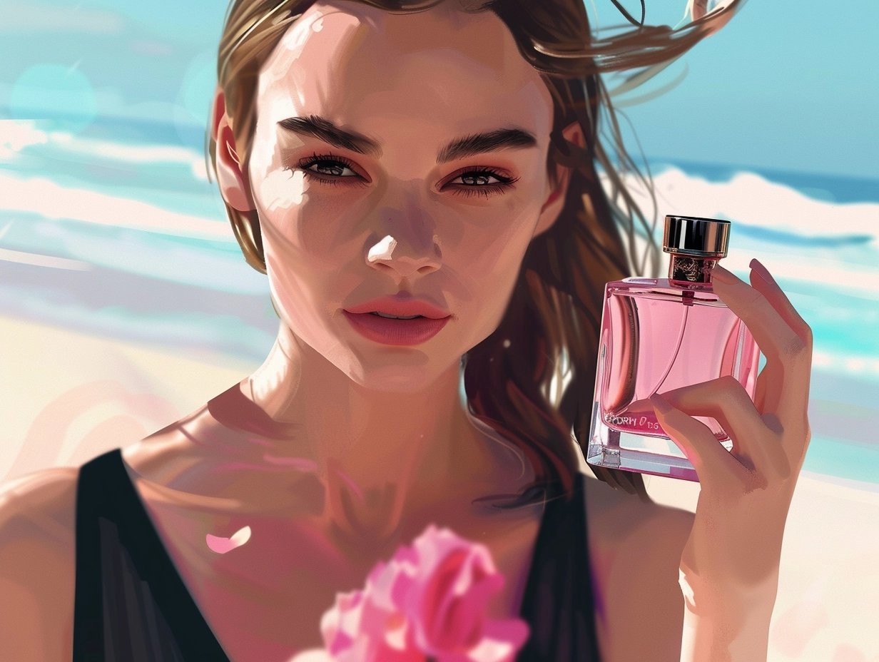 a model holding an expensive perfume bottle wearing black and pink dress on beach background