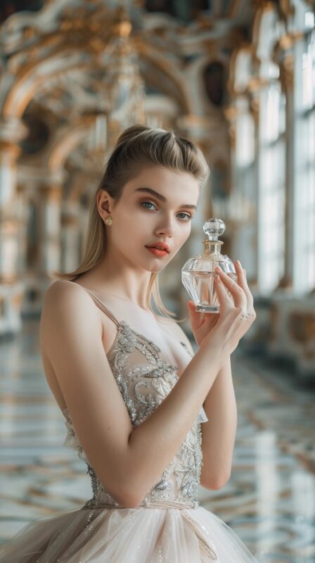 A beautifull ballerina is standing in the center of a grand ball hall and holding in her hand a crystal perfume bottle with grace