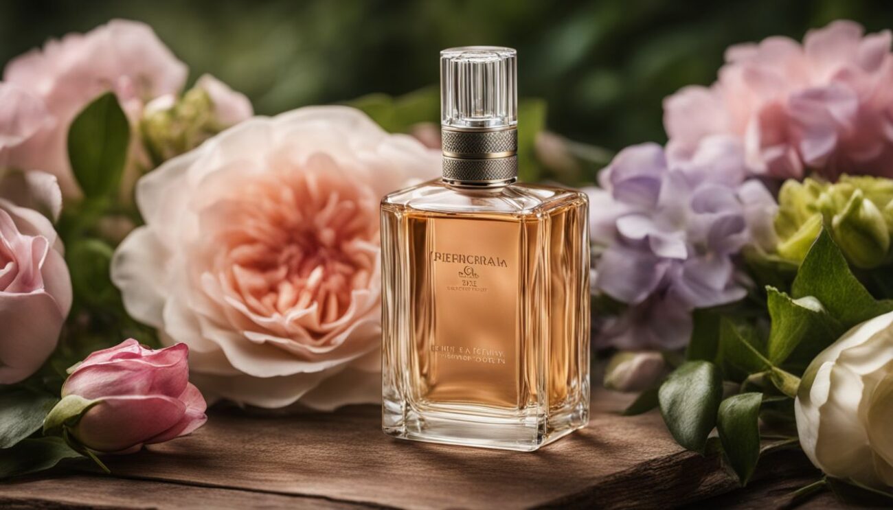 A bottle of luxury perfume surrounded by elegant flowers