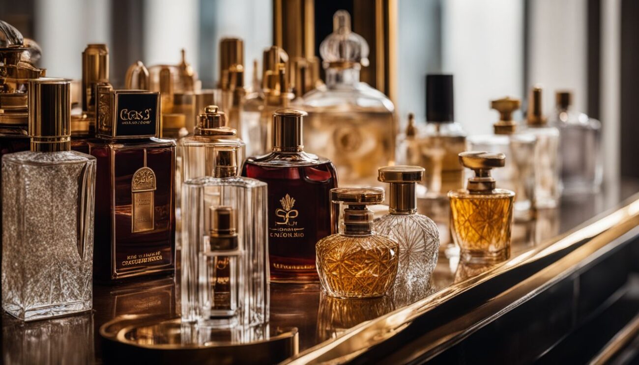 A collection of the expensive perfumes for women displayed on a luxurious vanity