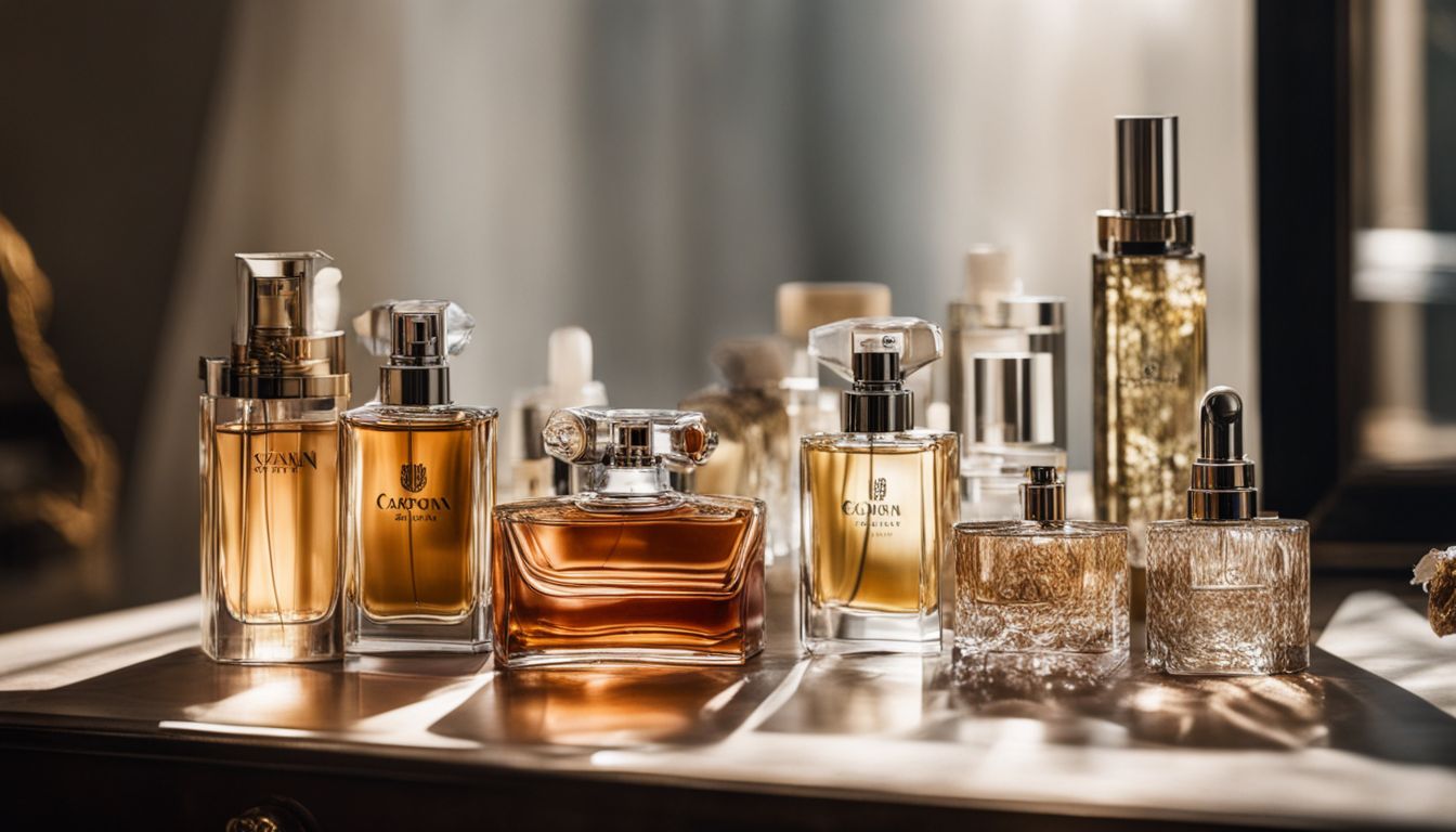 A collection of top 10 expensive womens perfumes displayed on an elegant vanity