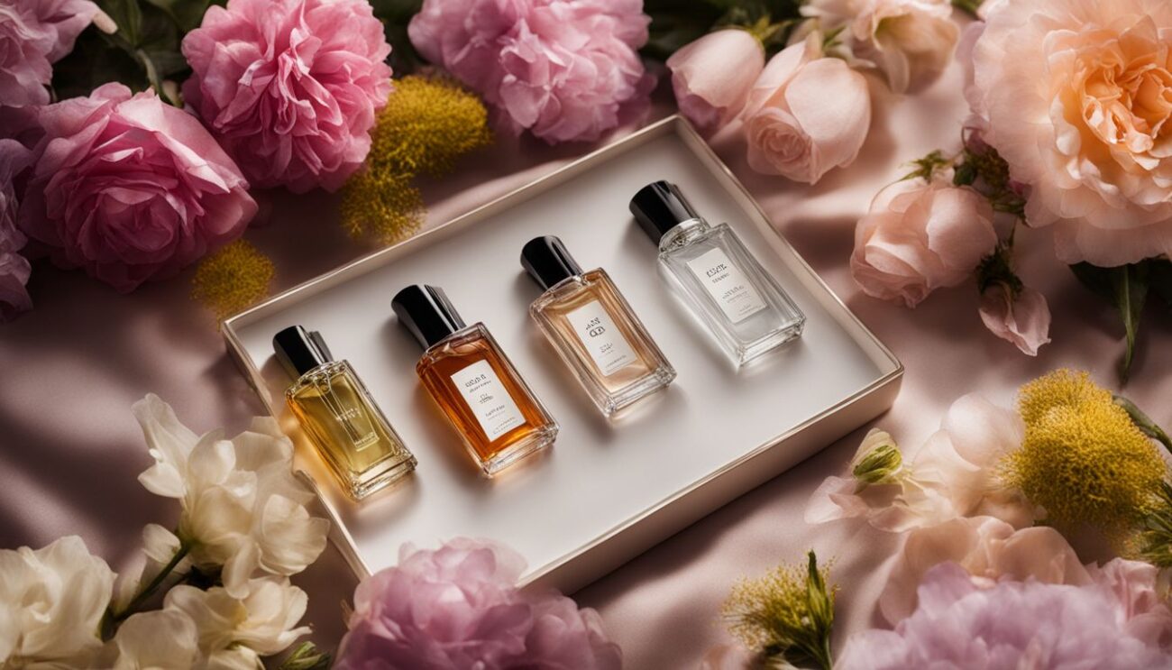 A display of 4 perfume samples in a gift box surrounded by elegant flowers