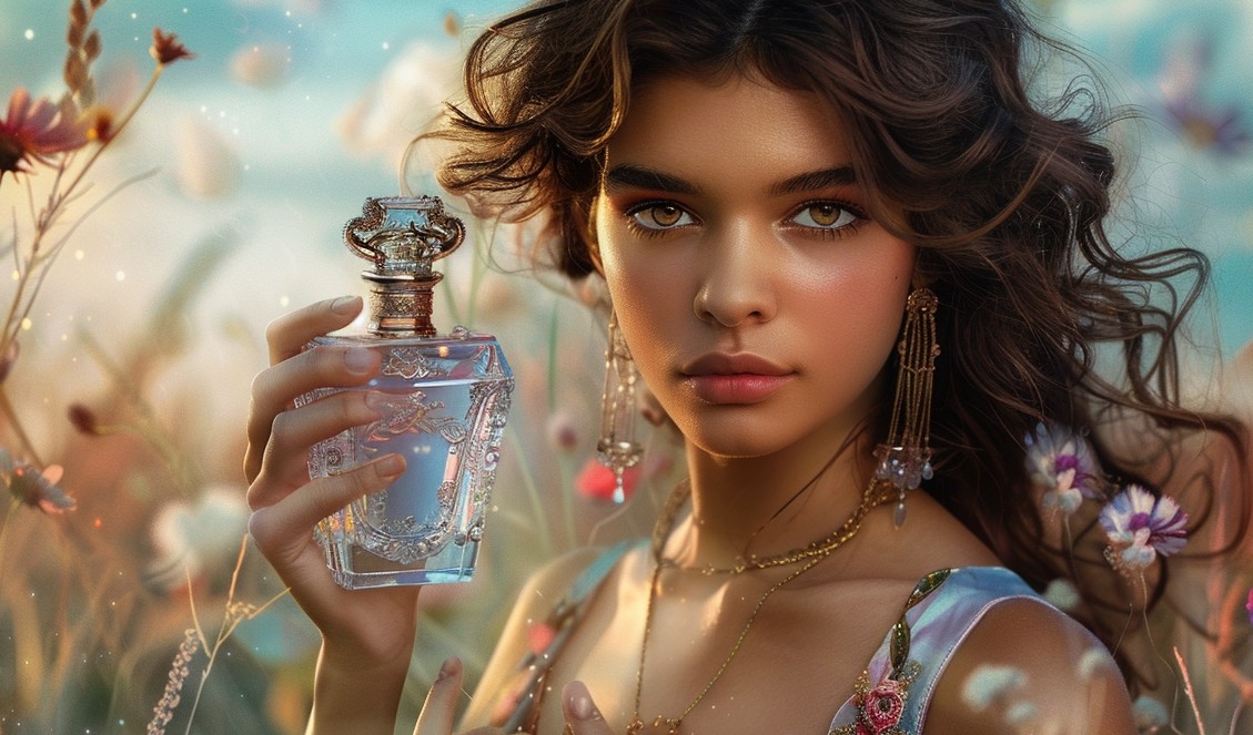 A girl is modeling for the expensive long lasting perfume campaign holding an elegant bottle of perfume background behind shows a summer flowers field