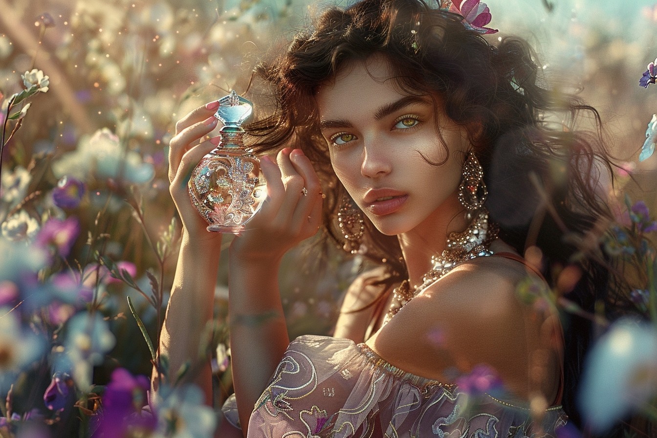 A girl is modeling for the expensive perfume campaign holding an elegant bottle of perfume on a flowers field 