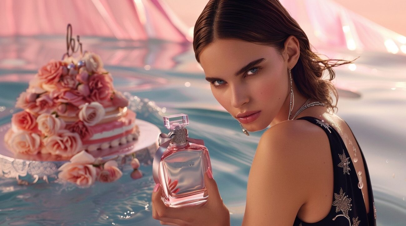 A girl modeling for the perfume campaign holding an elegant bottle of parfum