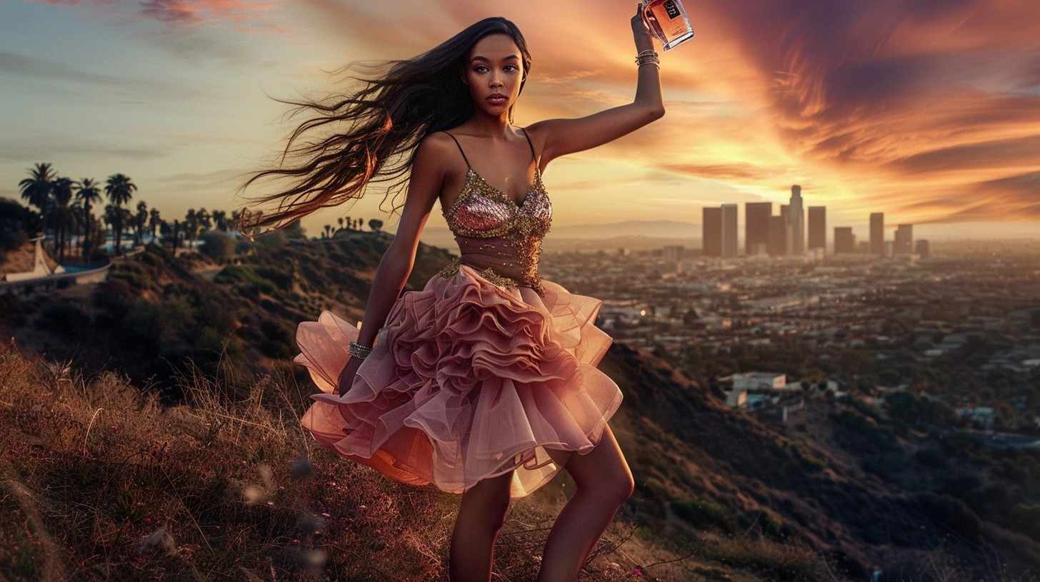 A model is holding an elegant bottle of rare niche perfume, background behind shows a sunsetting Los Angeles skyline visible from Hollywood hills