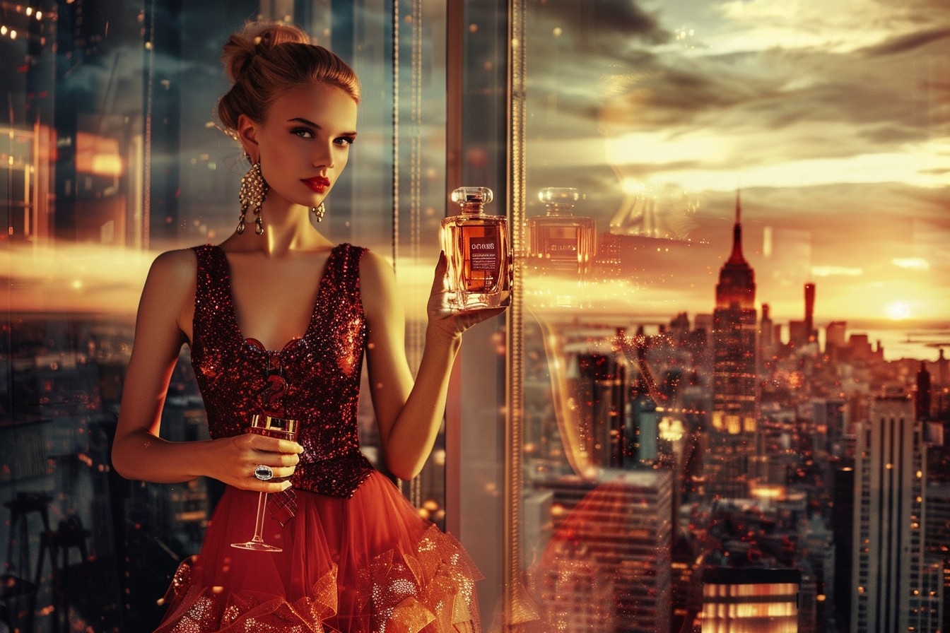 A model is holding an elegant bottle of niche perfume, background behind shows a sunsetting city skyline