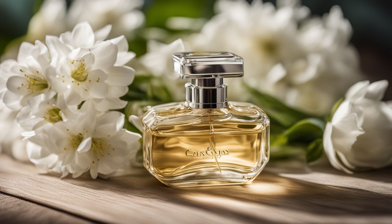 A perfume bottle surrounded by blooming white flowers in a nature-filled atmosphere