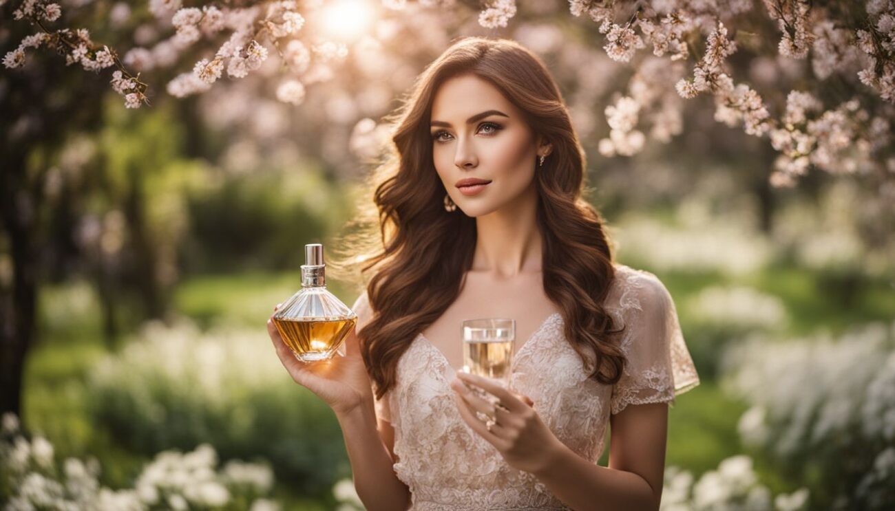 A stylish woman posing in a floral garden with two bottles of perfume