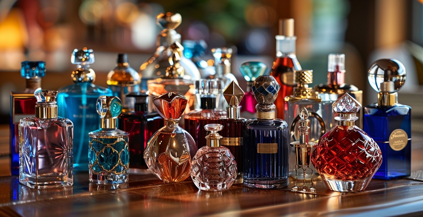 A variety of popular women perfume brands bottles displayed on a luxe vanity