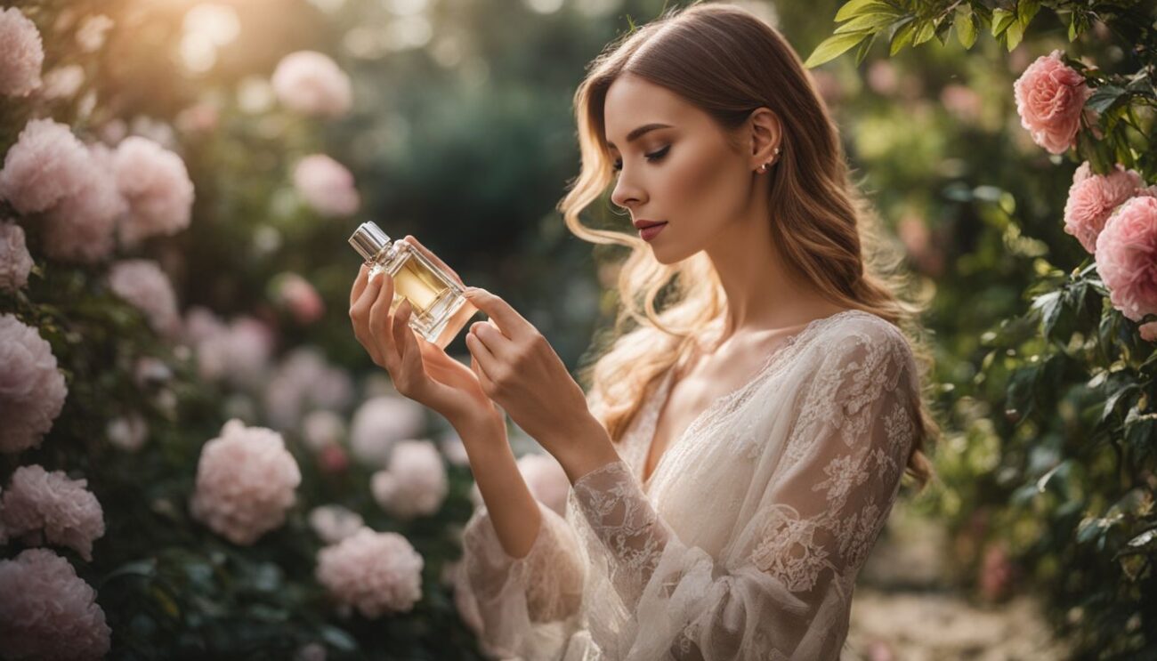 A woman applies perfume in a beautiful garden setting with blooming flowers