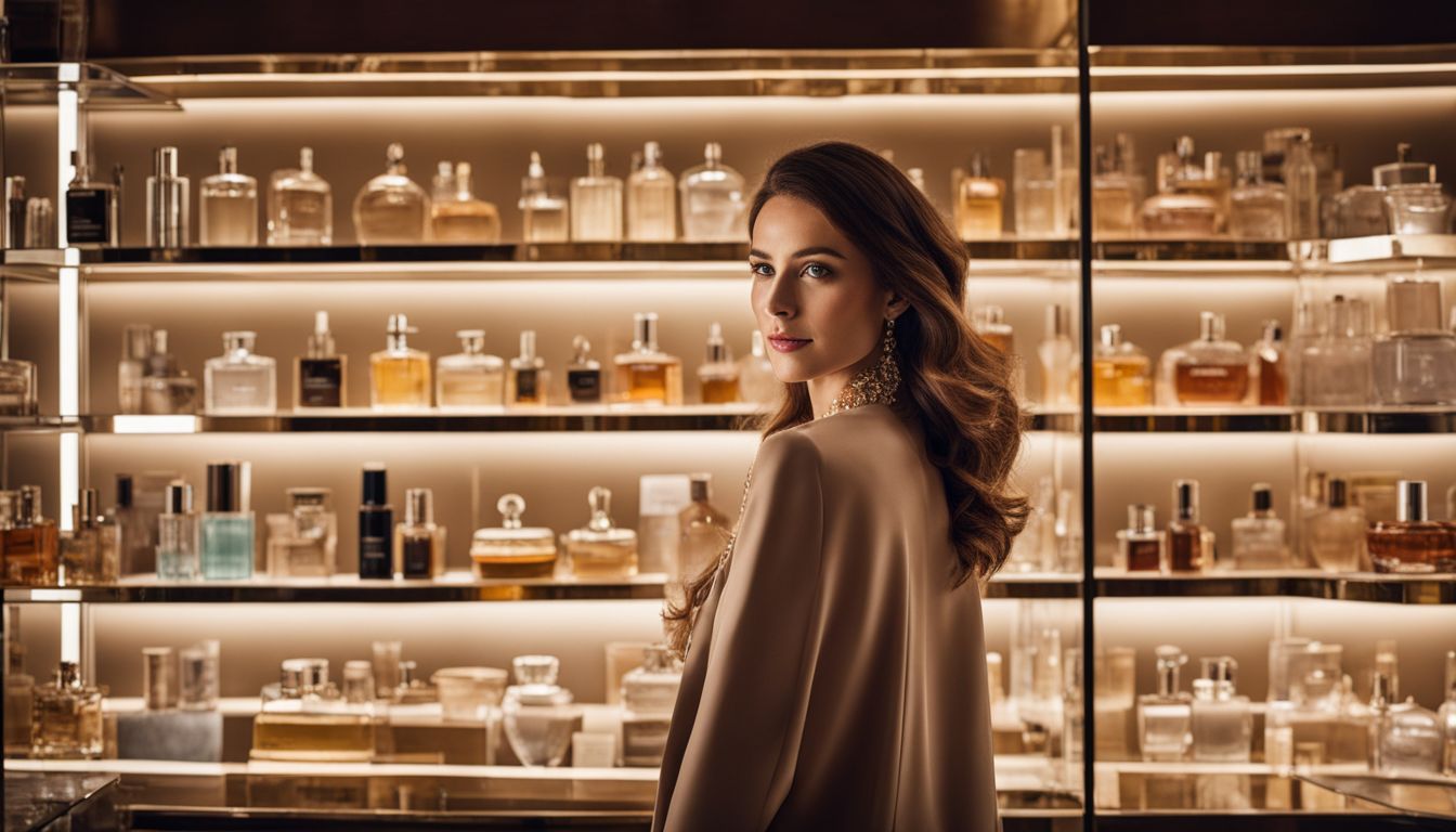 A woman browsing elegant perfume bottles in a luxurious boutique 