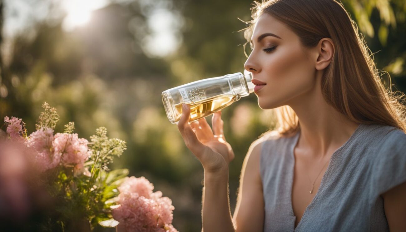 A woman enjoys a discounted perfume bottle in a sunlit garden