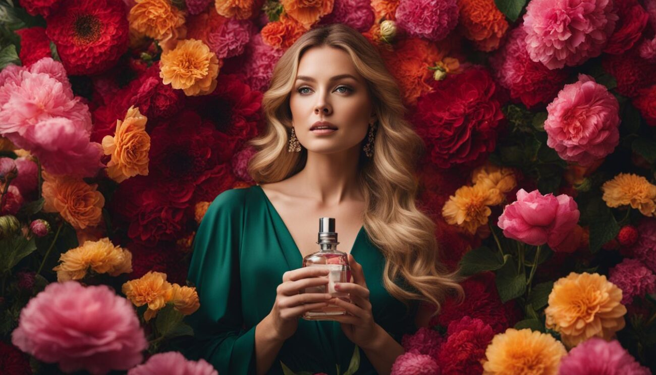 A woman holding a bottle of perfume surrounded by vibrant flowers