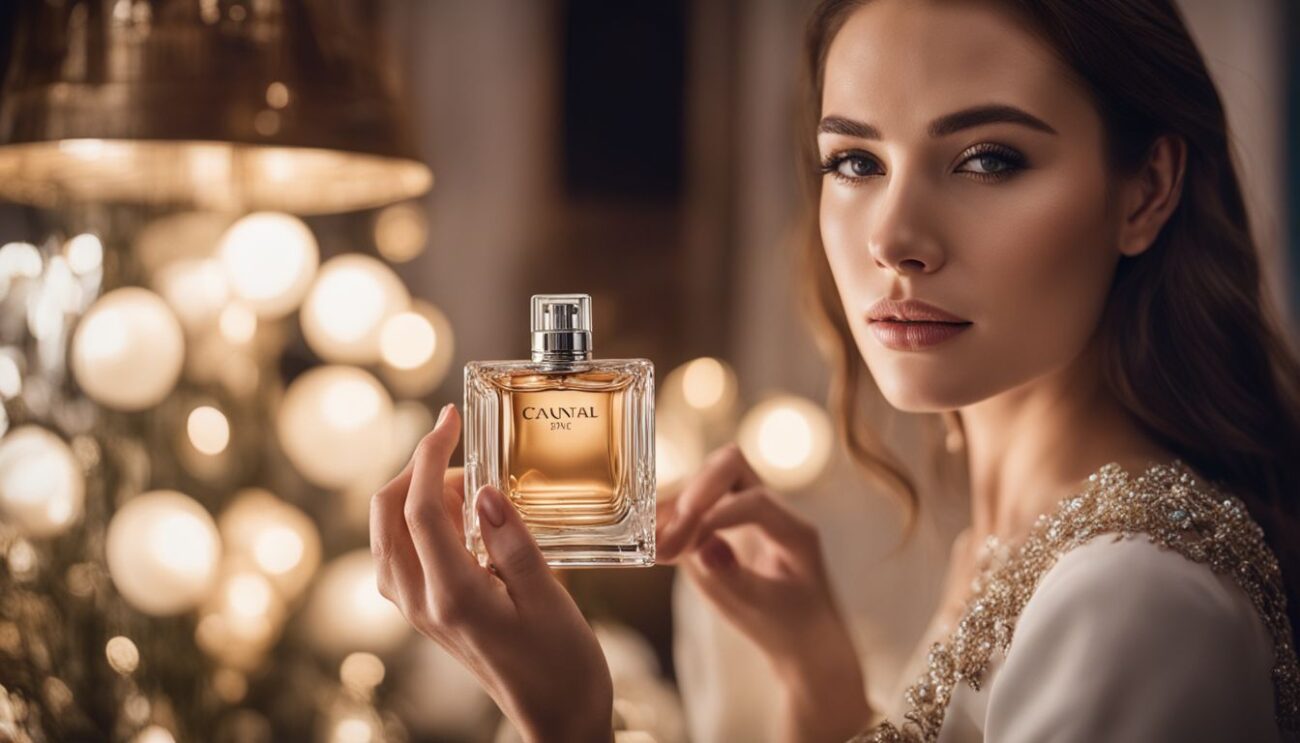 A woman holding a luxurious perfume surrounded by elegant packaging in a bustling atmosphere.