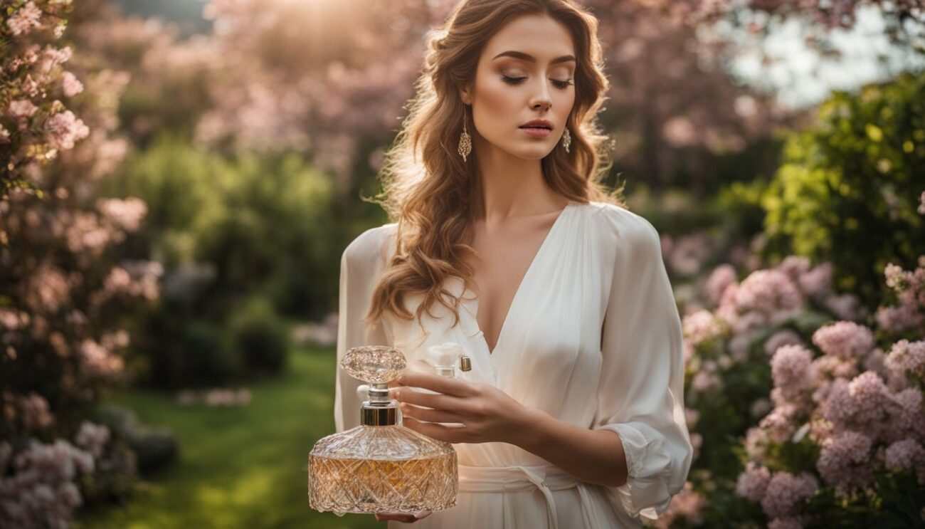 A woman holding a perfume bottle in a beautiful garden surrounded by blooming flowers.
