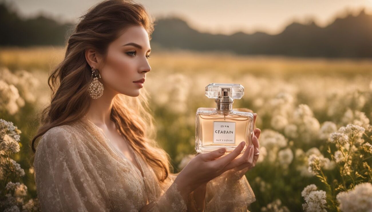 A woman holding a perfume bottle in a field of blooming flowers for a nature photography shoot