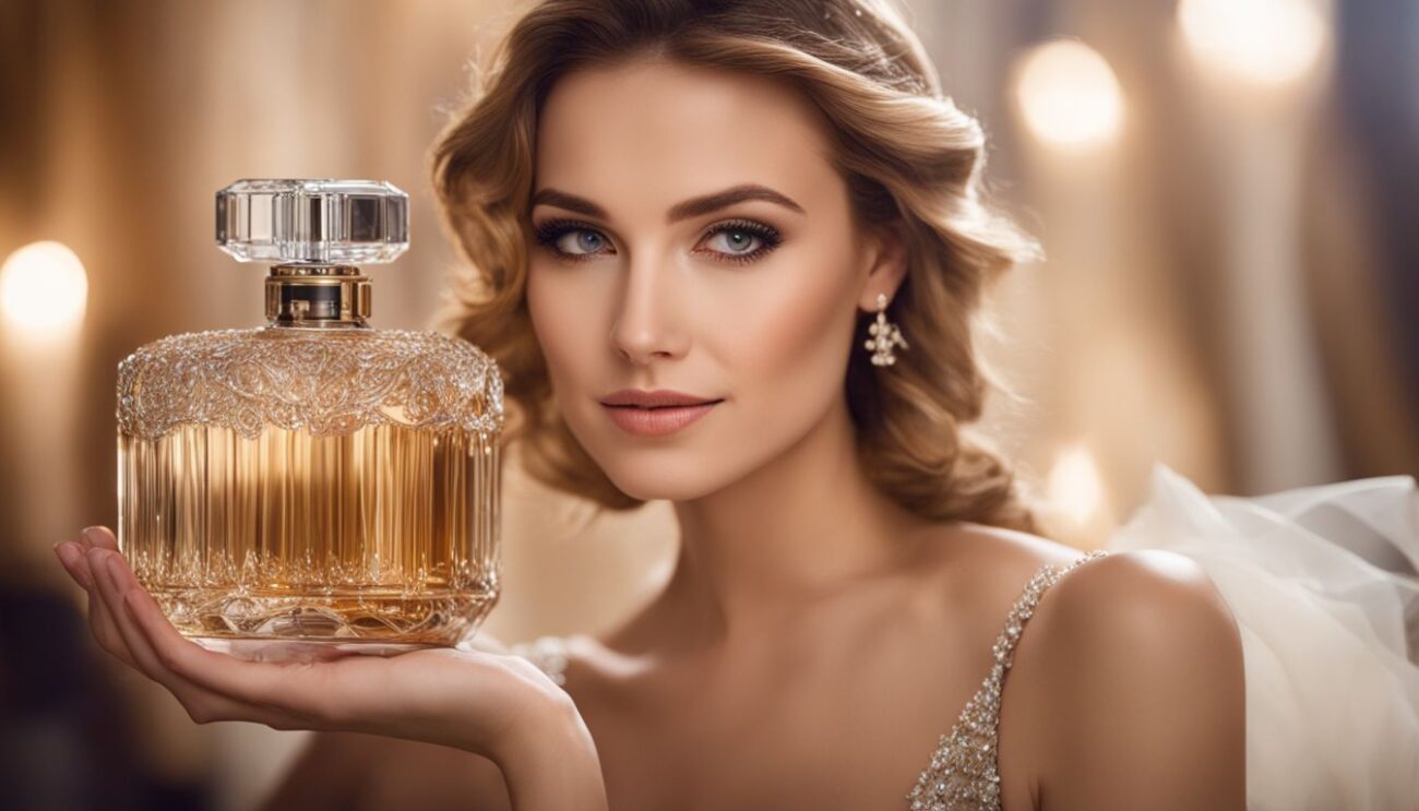A woman in an elegant gown holds a luxurious perfume bottle