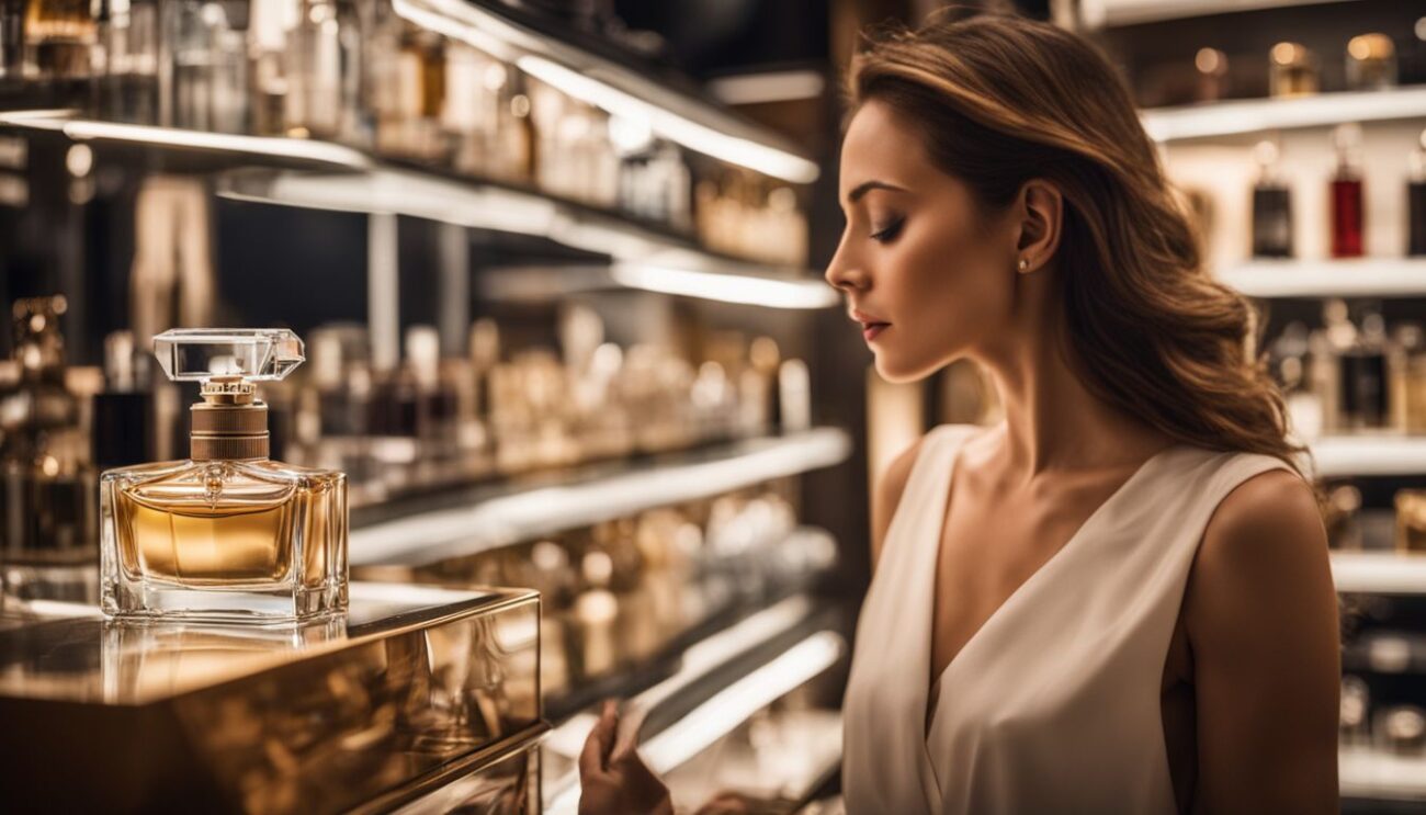A woman shopping for perfume in a busy discounted fragrance store