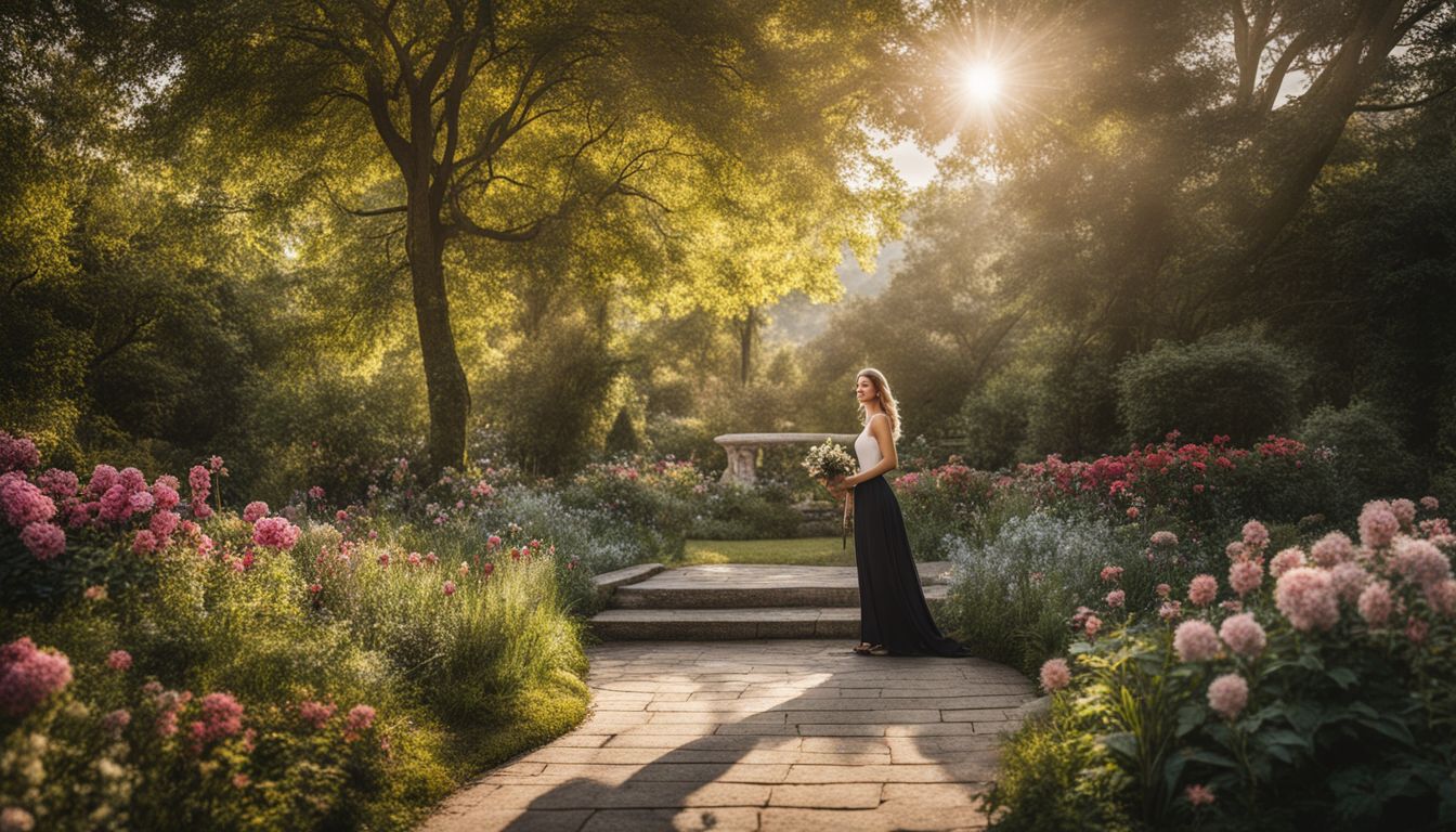 A woman stands in a blooming garden surrounded by different flowers 