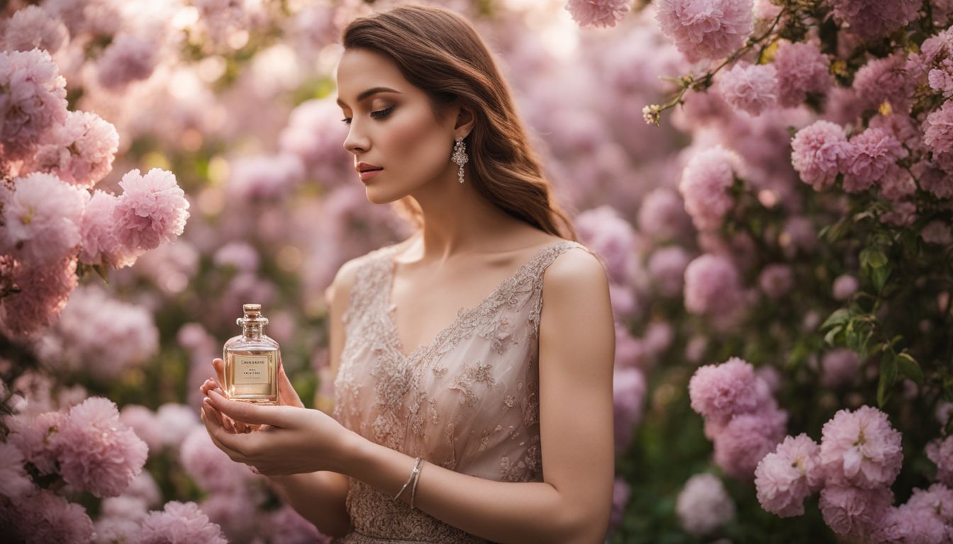 A woman, surrounded by blooming flowers, holds a bottle of musk perfume in a nature photography setting