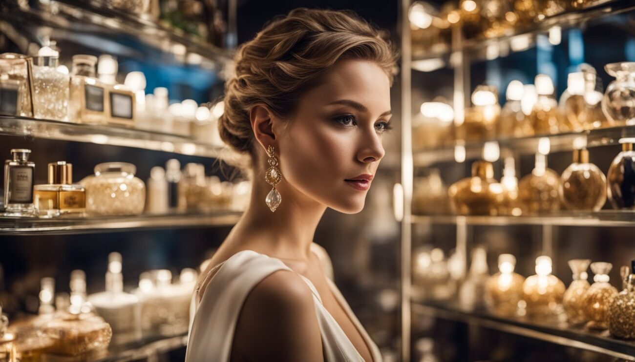 A woman surrounded by elegant perfume bottles in a luxurious setting