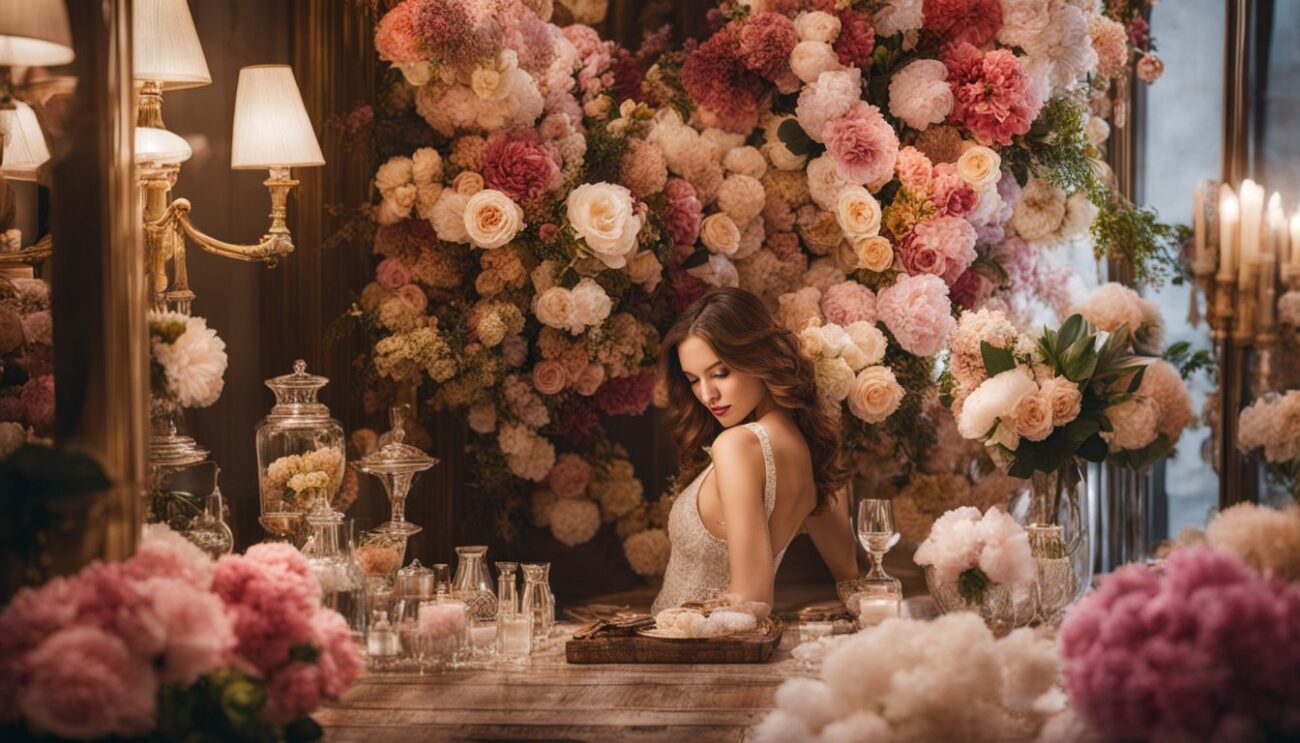 A woman surrounded by opulent floral arrangements and luxurious perfumes on a vanity table