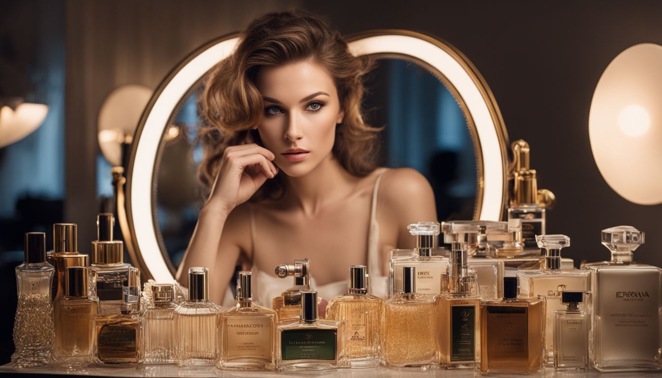 A woman surrounded by various perfume bottles sits at a vanity mirror 
