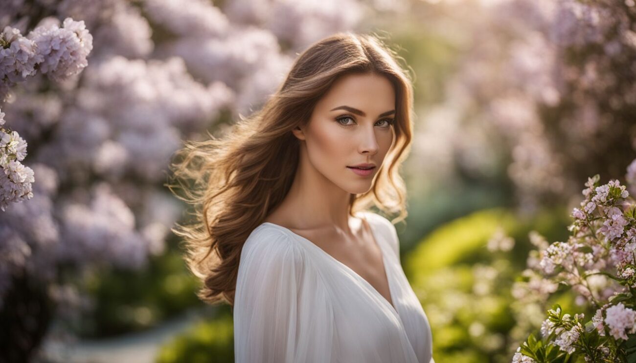 A woman with a captivating fragrance walks through a garden surrounded by blooming flowers