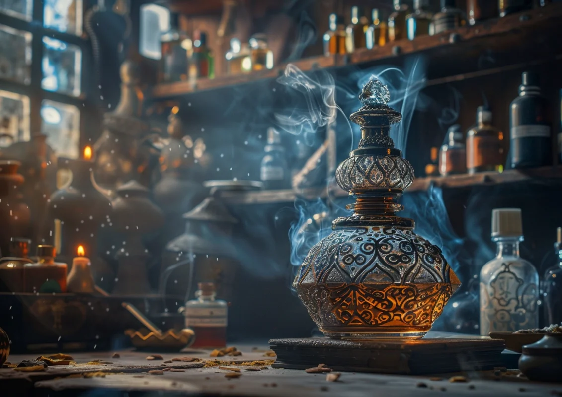 Alluring image of Arabian oud in a professional perfumery laboratory