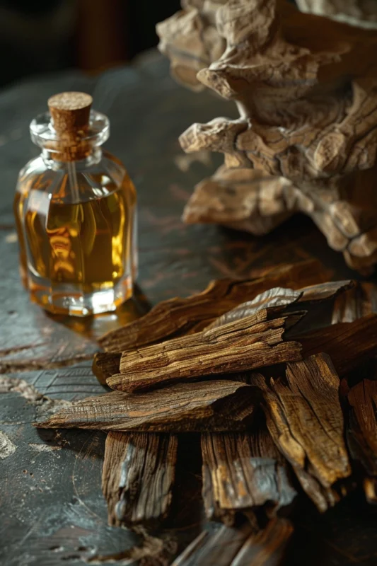 Alluring image of agarwood pieces in a professional perfumery laboratory
