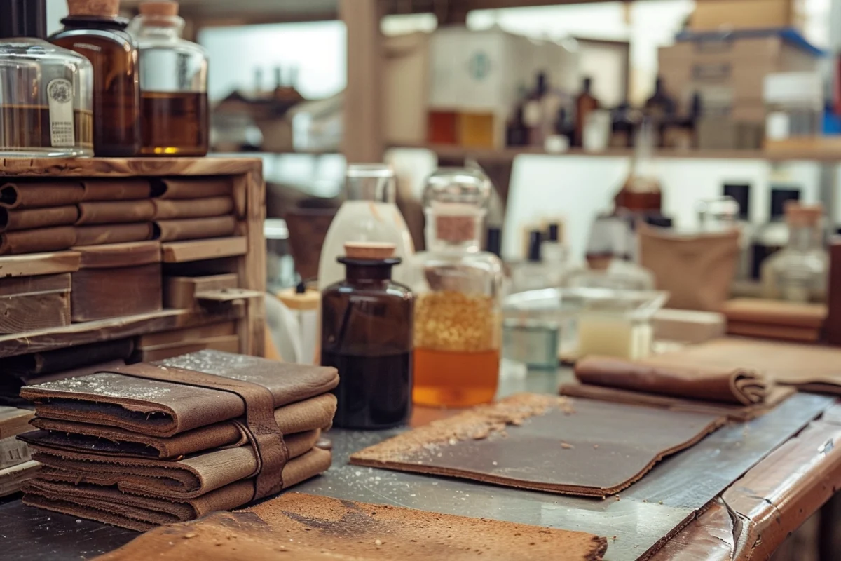  image of genuine leather samples in a professional perfumery laboratory