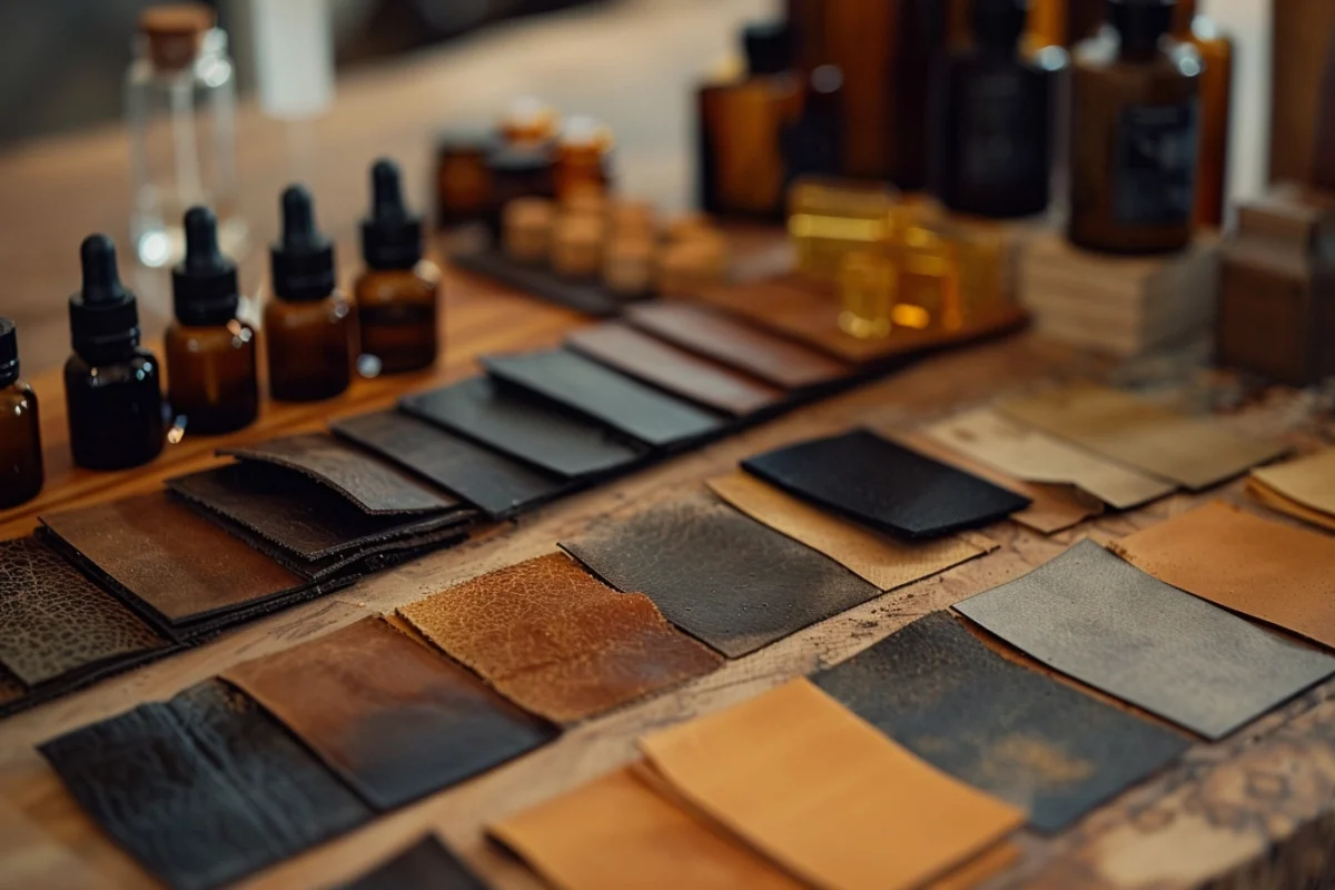 Alluring image of genuine leather samples in a professional perfumery laboratory
