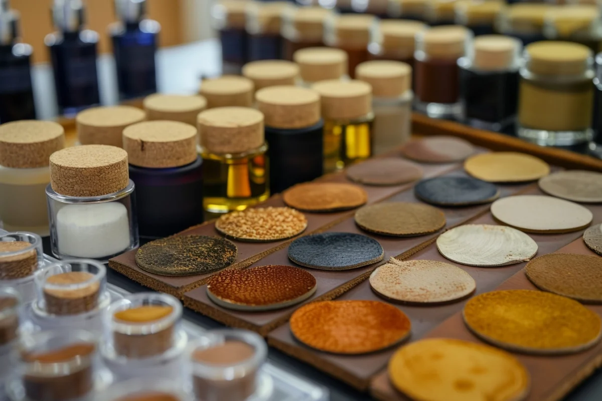 image of genuine leather samples in a professional perfumery laboratory