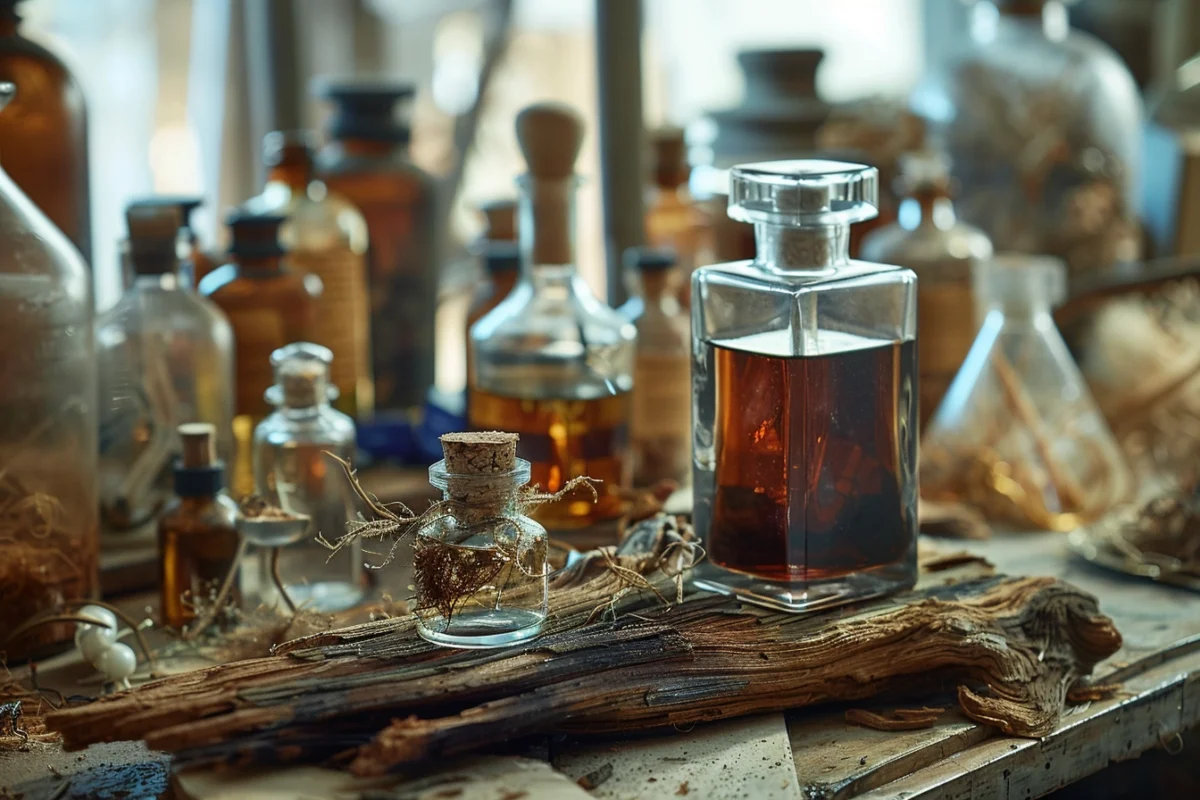 Alluring image of oud wood in a professional perfumery laboratory