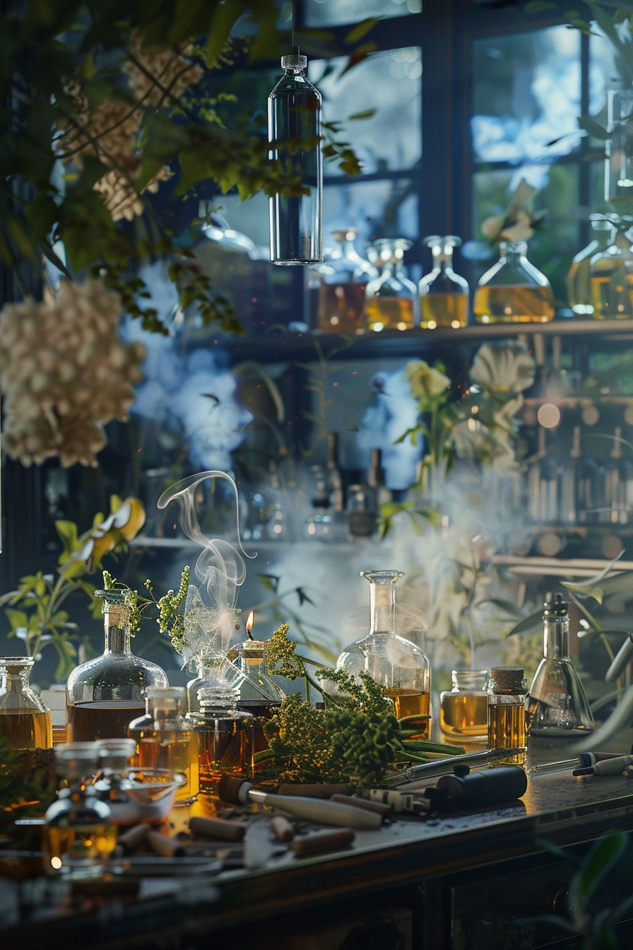 Alluring image of tobacco in a professional perfumery laboratory
