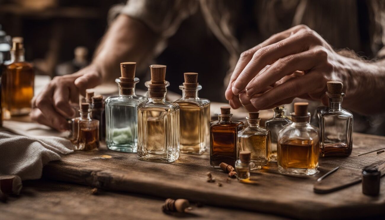 An artisan perfumer arranging delicate bottles on a vintage wooden table in a bustling atmosphere